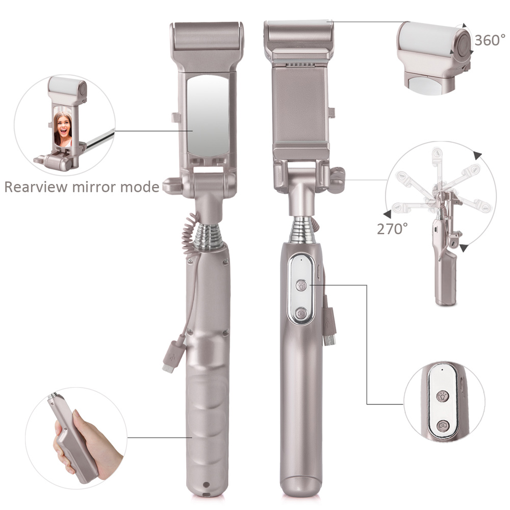 Bluetooth Selfie Monopod with 360° LED Fill Light and Rearview Mirror - Champagne Gold-8
