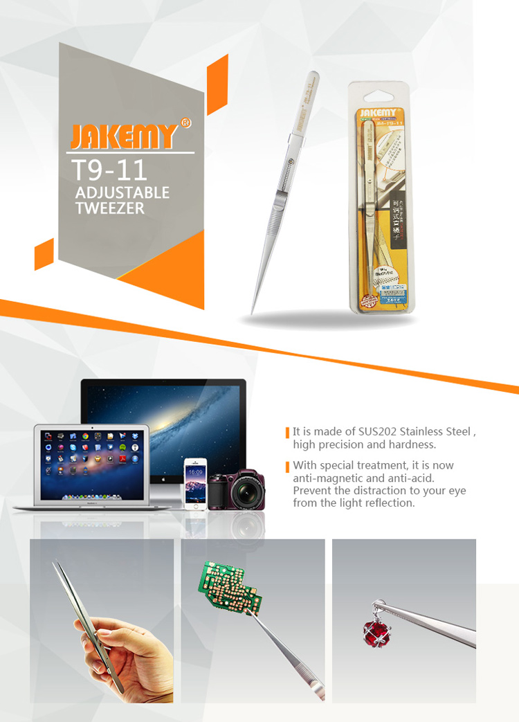 JAKEMY SUS202 Stainless Steel Adjustable Straight Tweezers Cellphone Repair Tool JM-T9-11-2
