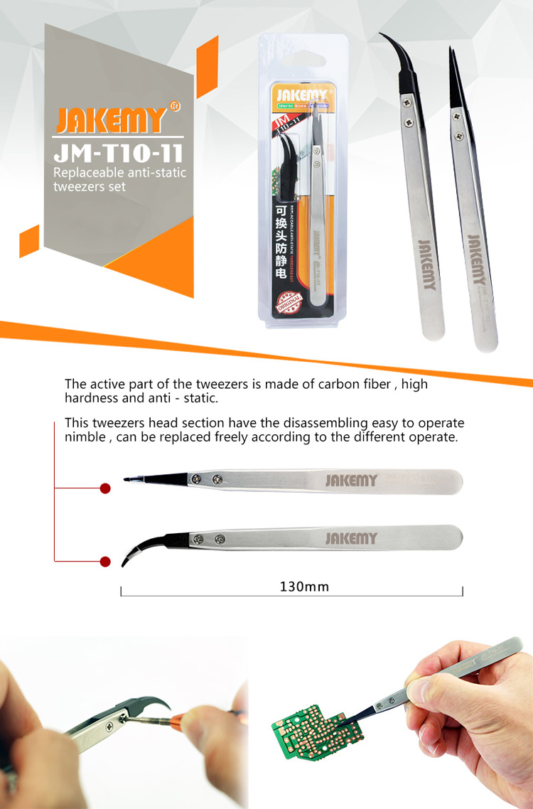 JAKEMY JM-T10-11 Stainless Steel Anti-Static Tip Tweezers with Replacing Elbow Head-1