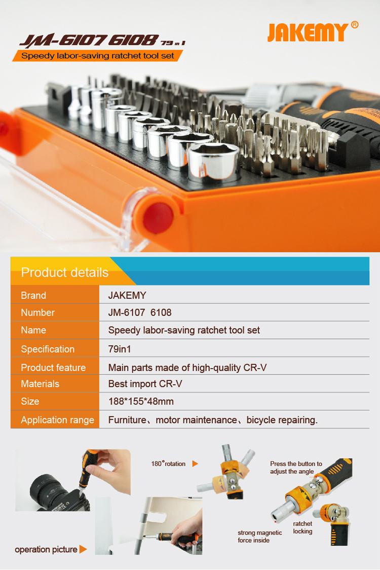 JAKEMY 79-in-1 Speedy Labor-saving Ratchet Tool Set with 1/4 Socket Connector (JM-6108)-2