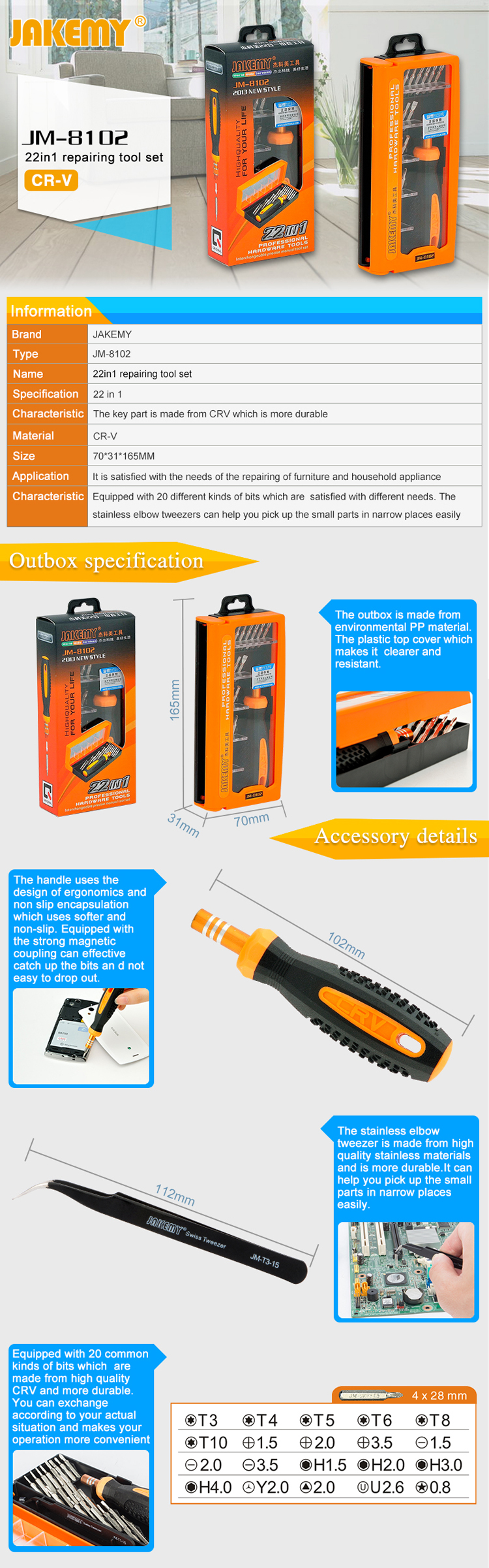 JAKEMY 22-in-1 Repairing Screwdriver Tool Kit CR-V Steel Bits (JM-8102)-1