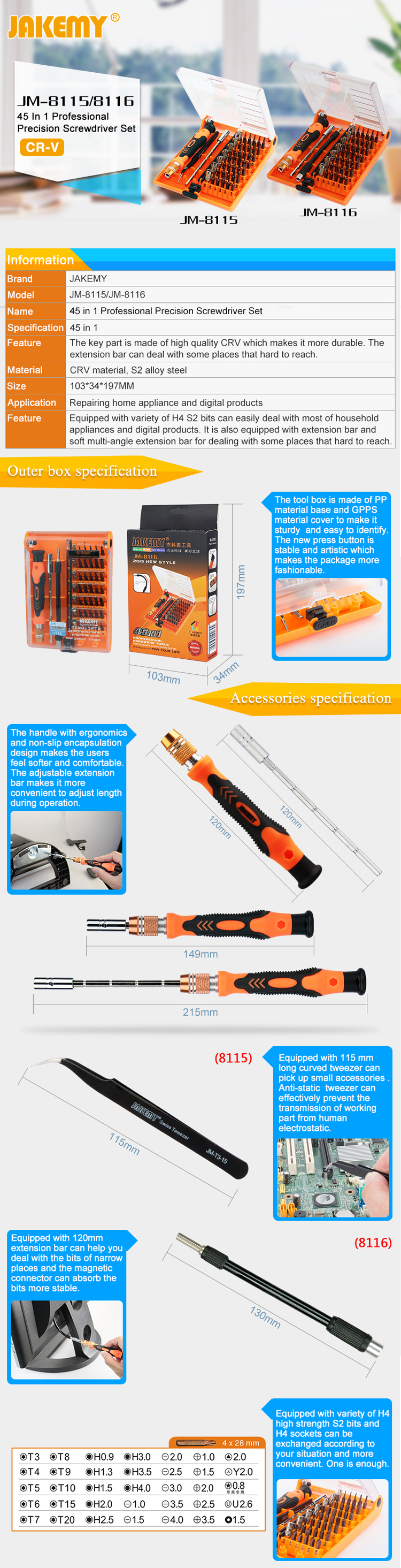 JAKEMY 45-in-1 CR-V Professional Hardware Repair Tool Kit JM-8115-2