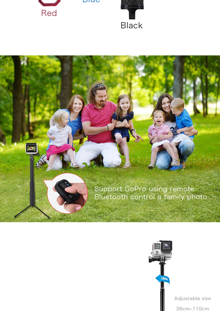 Handheld Selfie Stick Monópodo Extensible Con Control Remoto y Trípode de Bopro Para el Teléfono Celular de la Cámara GoPro - Negro