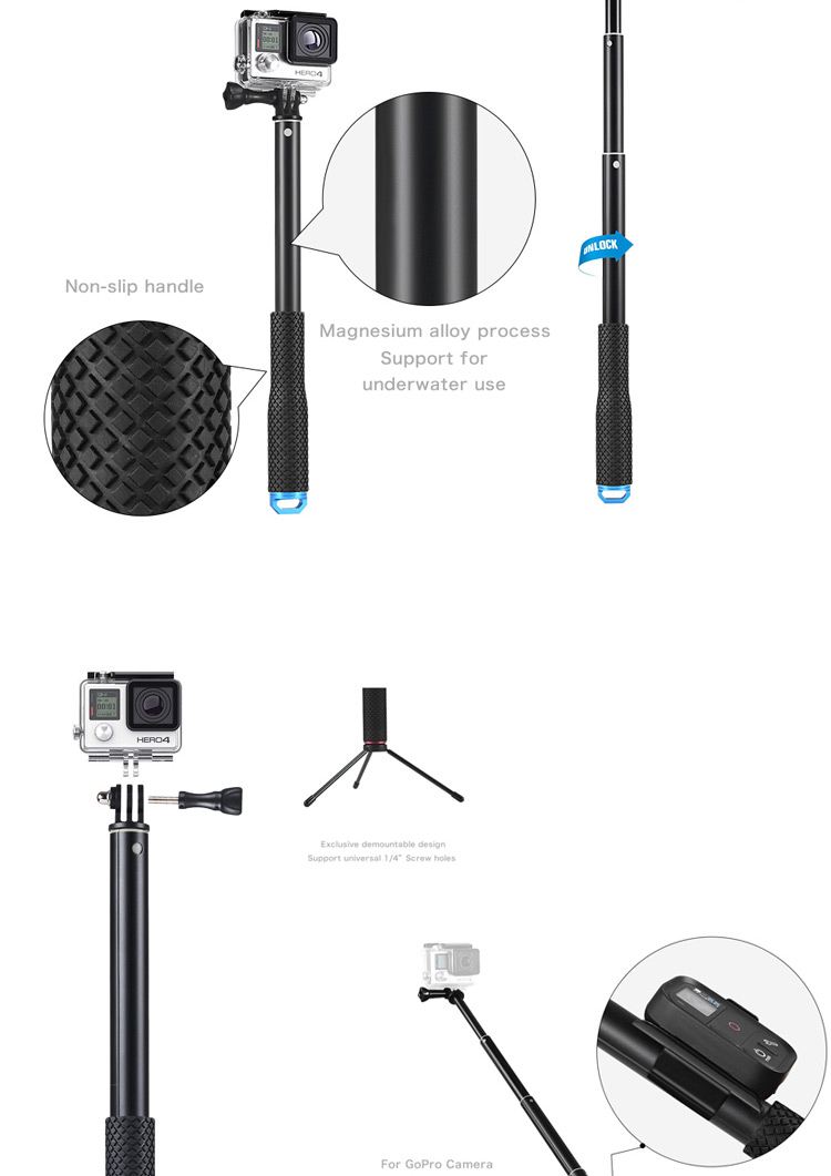 Monopódico de Selfie de Mão Extensível Com Remoto Bluetooth e Tripé Para o Celular GoPro Camera - Azul