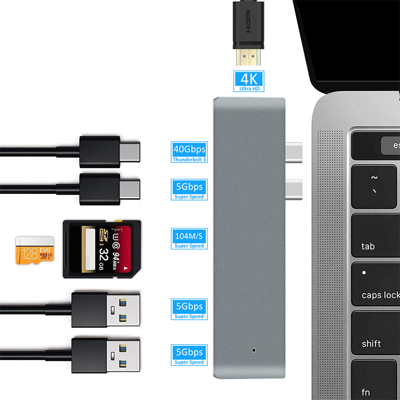 Double USB-C Hub Type-C à Thunderbolt 3 + Type-C + 4K HDMI + USB 3.0 x 2 + SD + Adaptateur de Lecteur de Carte MicroSD - Argent