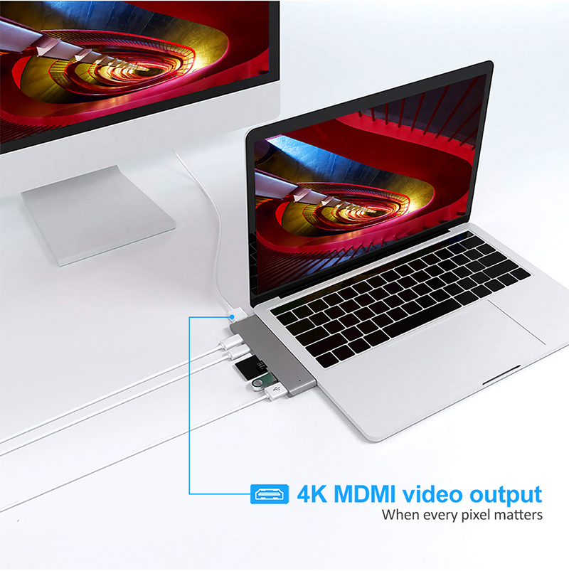 Double USB-C Hub Type-C à Thunderbolt 3 + Type-C + 4K HDMI + USB 3.0 x 2 + SD + Adaptateur de Lecteur de Carte MicroSD - Gris Foncé