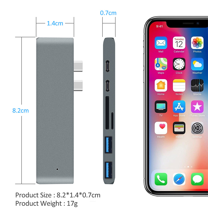 Double USB-C Hub Type-C à Thunderbolt 3 + Type-C + 4K HDMI + USB 3.0 x 2 + SD + Adaptateur de Lecteur de Carte MicroSD - Gris Foncé