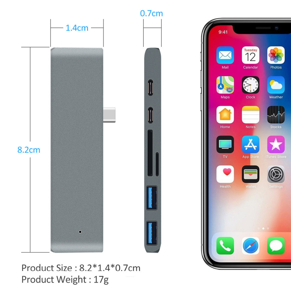 Dual Usb-c-hub-typ-c an Thunderbolt 3 + Typ-c + 4K HDMI + USB 3.0 x 2 + SD + Microsd-kartenleseradapter - Dunkelgrau