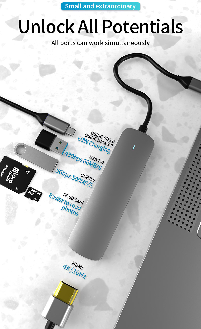 SEEWEI BX6H Type-C to HUB Adapter 6-IN-1 Multi-function HUB Expander