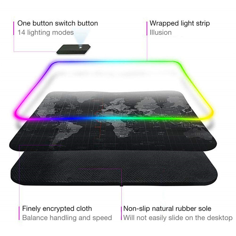 Patrón de Mapa Mundial RGB Pad Luminosa Ratón Teclado de Juego Grande Mat