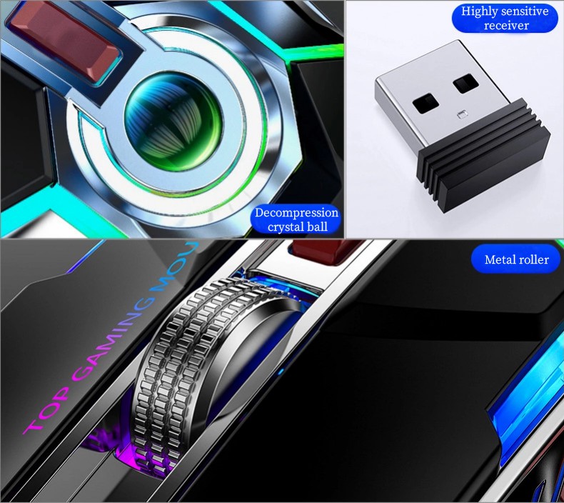 A5 Silent USB USB Ratón de Juego Inalámbrico Recargable Con Luz de Fondo RGB Para la Computadora Portátil Desktop PC - Negro