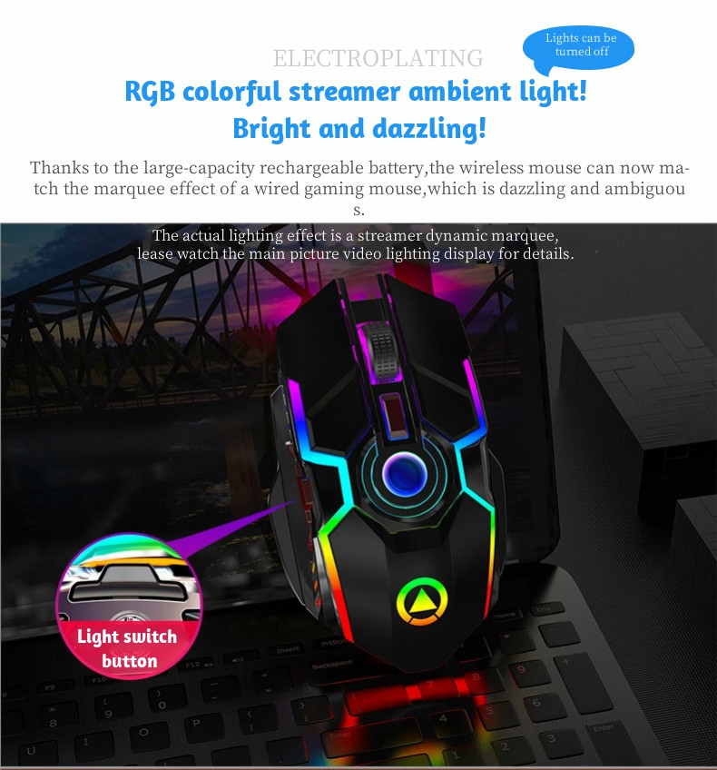 A5 Silenzioso Mouse da Gioco Wireless Ricaricabile USB Con Retroilluminazione RGB Per PC Desktop Per Laptop - Nero