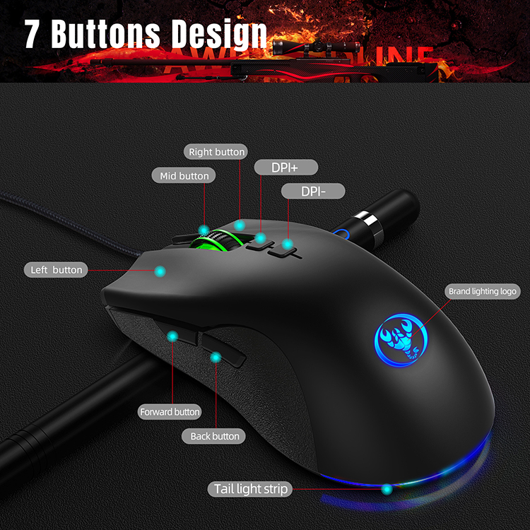 HXSJ A883 USB Wired Gaming Mouse RGB Gamer Mouse Con 4 DPI Ajustable