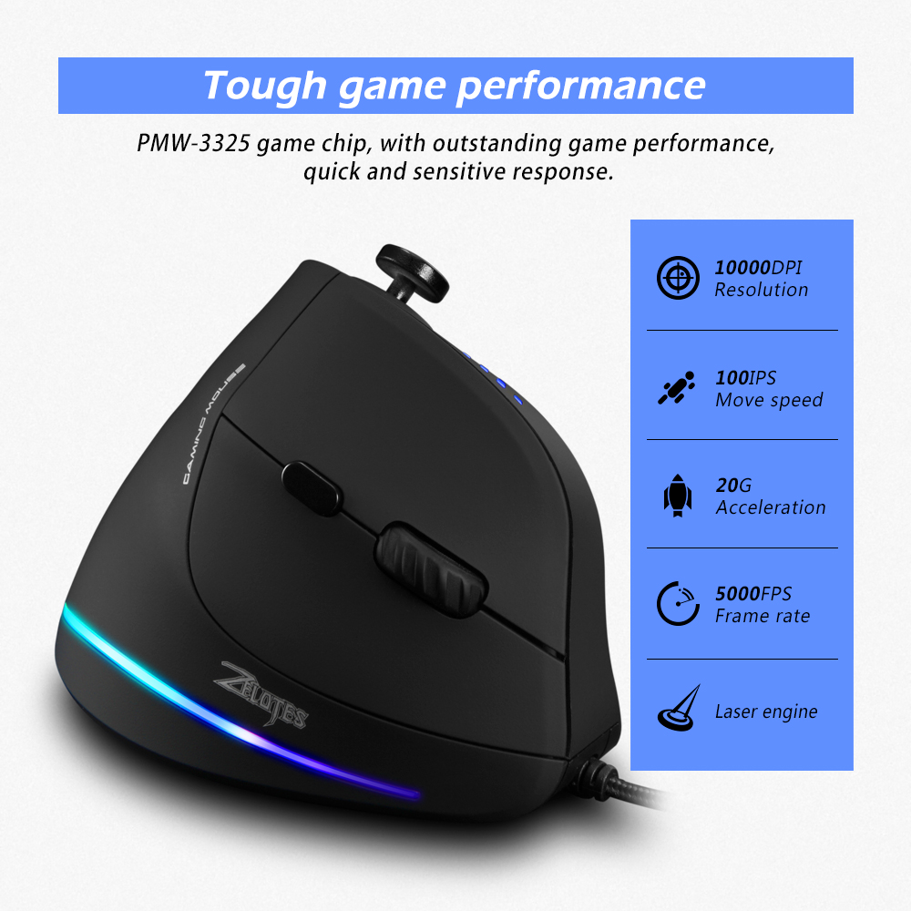 ZELOTES C18 Vertical Wired Game Mouse 10000DPI Adjustable Optical