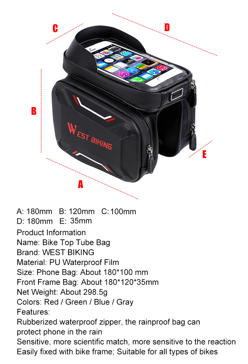 WEST BIKING Bicycle Front Frame Bag Cycling Waterproof Screen Touch Top Tube Phone Bag - Red