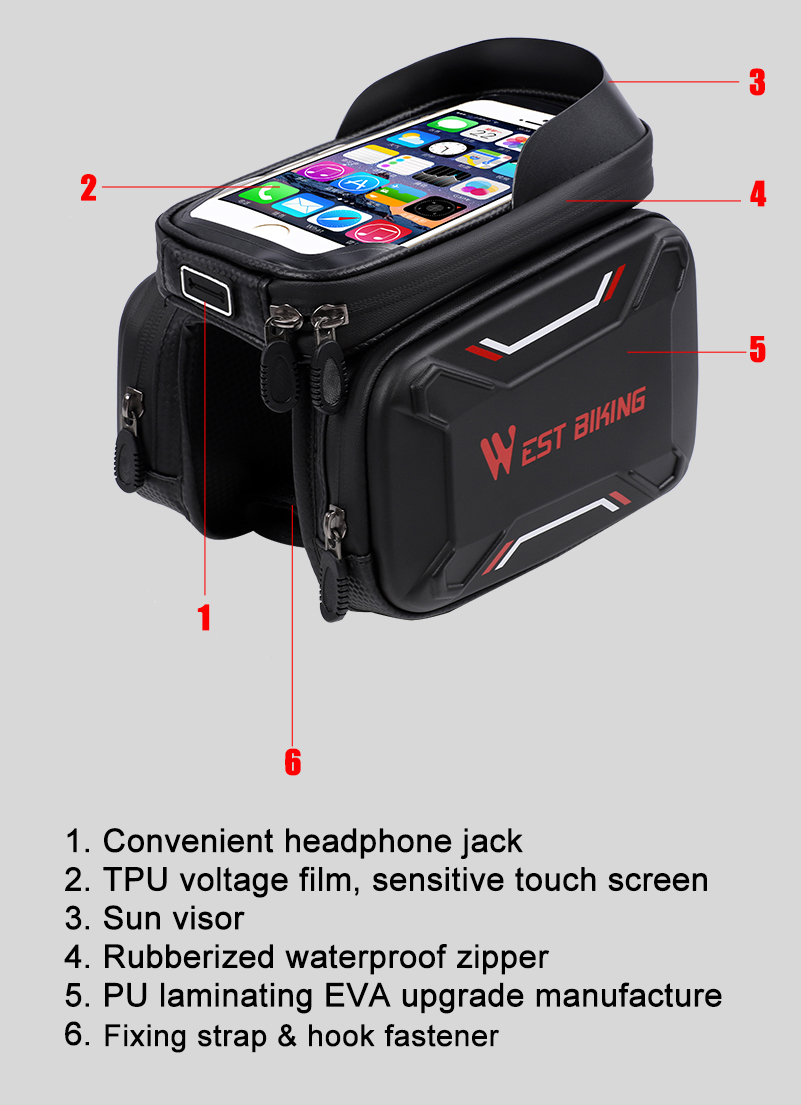 WEST BIKING Bicycle Front Frame Bag Cycling Waterproof Screen Touch Top Tube Phone Bag - Red