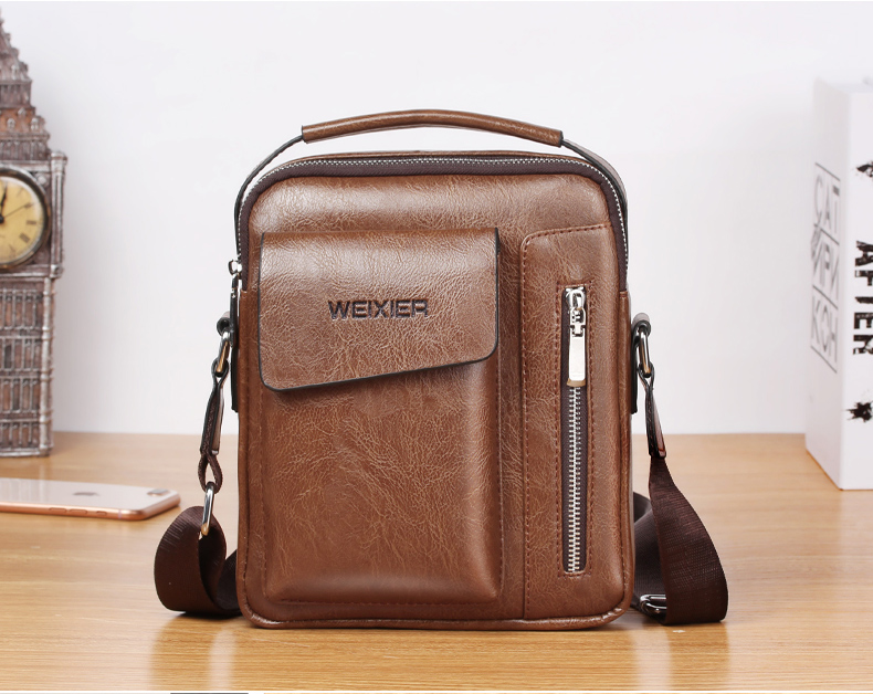 Weixier 8602 Fashion Men PU Leather Multi Pockets Crossbody Single Shoulder Bags - Marrón Claro