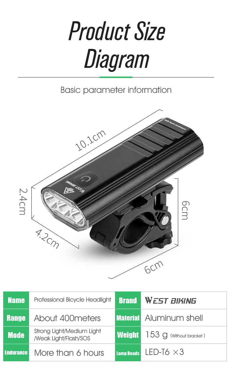 WEST BIKING Waterproof LED Bike Headlight Night Riding Light