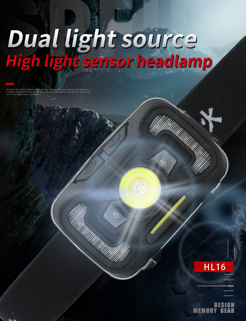 Supfire HL16 5W Wave Hand Sensor Headlight Double Light Source 5 Modes Lampe de Poche Avec COB