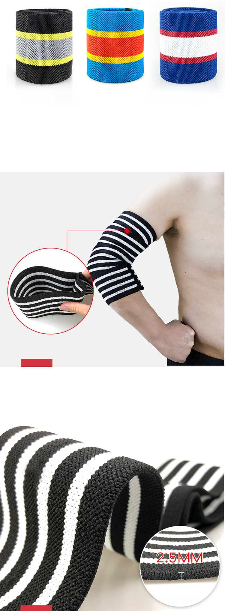 1pc Elástico Brazo Codo Envolturas Straps Bandage COMPRESSPORT STROVE STANNE PARA ENTRENAMIENTO FITNESS LANGEFING - Negro + Gris / Cuatro Rayas