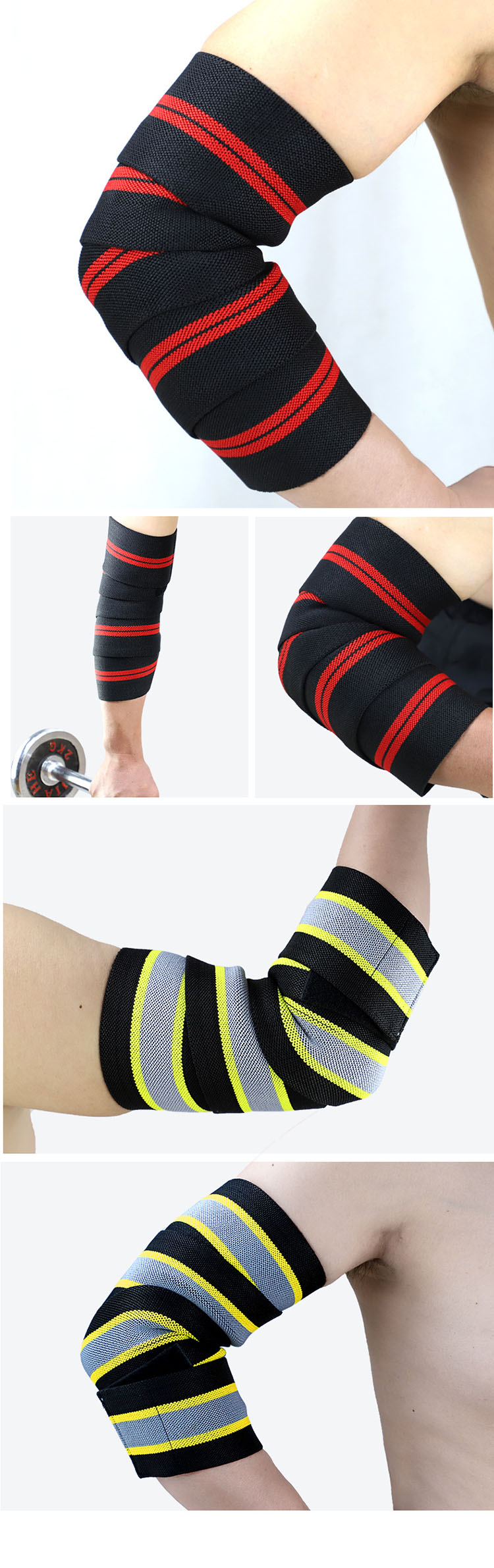 1pc Elástico Brazo Codo Envolturas Straps Bandage COMPRESSPORT STROVE STANNE PARA ENTRENAMIENTO FITNESS LANGEFING - Negro + Gris / Cuatro Rayas