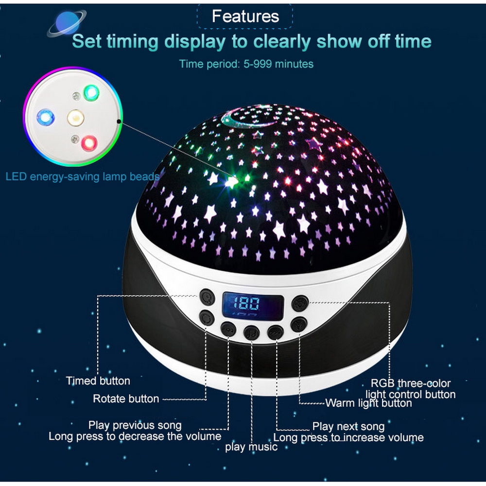 Lâmpada de Projeção de Estrela Música USB Rotativa LED Colorido Night Light Creative Music Projector - Preto