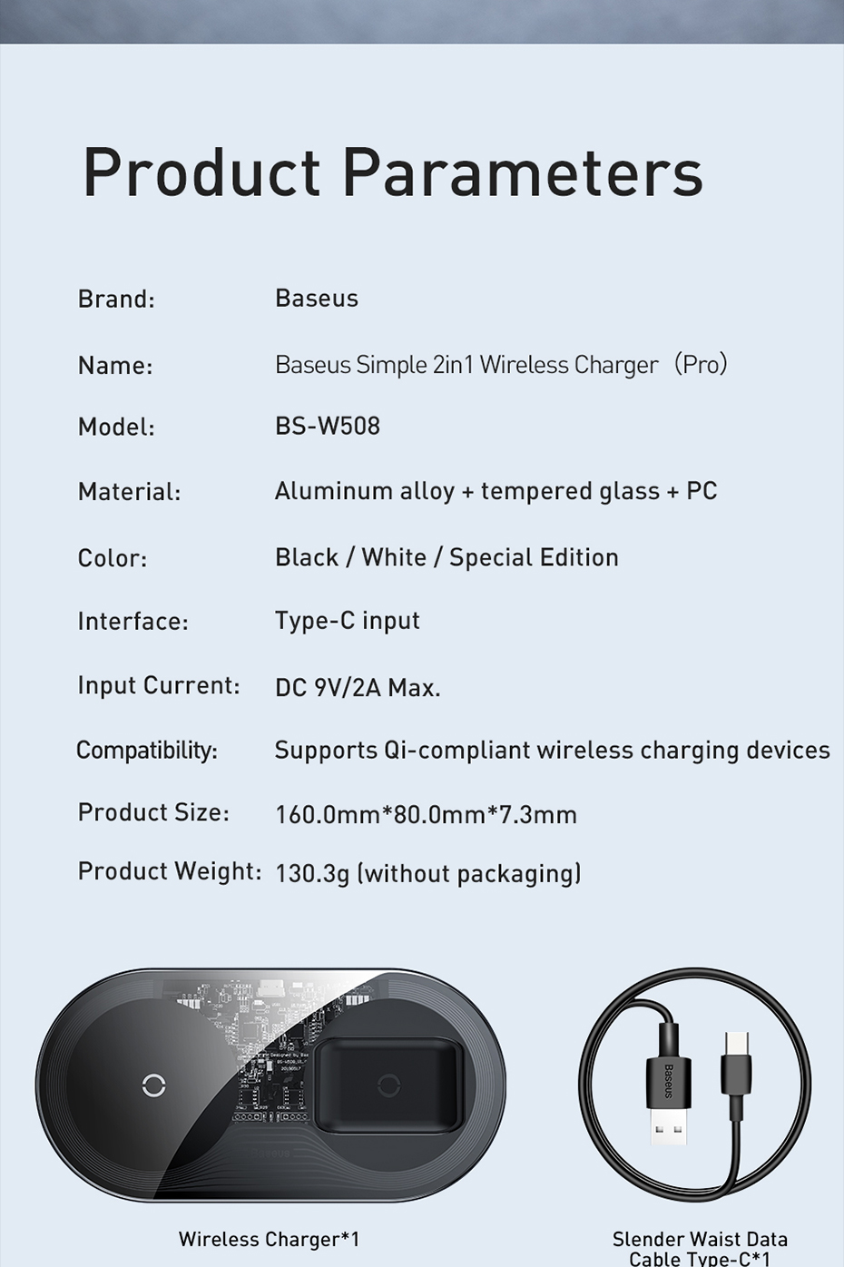 Chargeur Sans Fil De BaseUS Simple 2 En 1 Version PRO + Câble De Chargement De Type C - Noir