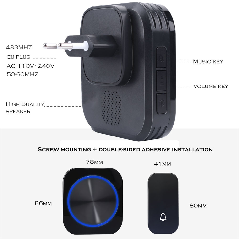 SMATRUL M688 Self Powered Wireless Doorbell Waterproof Battery Free Door Bell 150M Remote 4 Modes 58 Music, 2x Transmitters + 2x Receivers  - Black