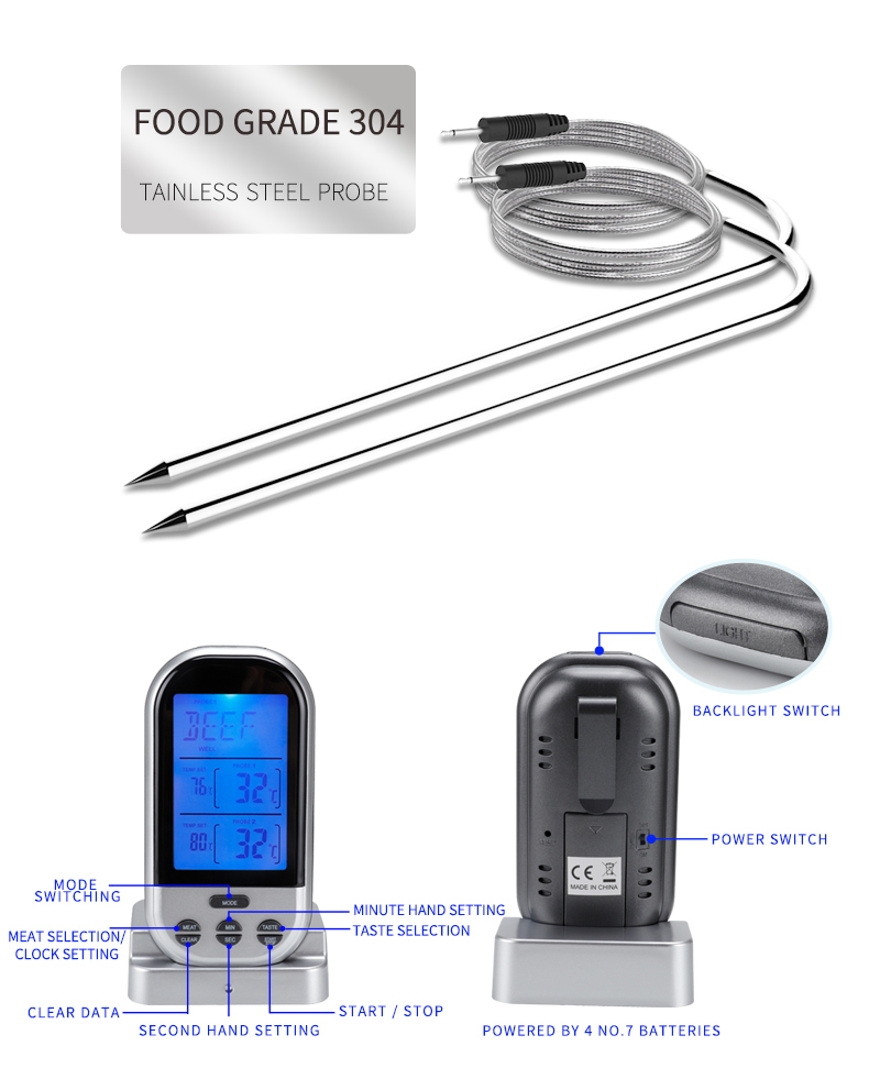 TS-K32 Sonde Bidirectionnelle Thermomètre Sans Fil Multifonctionnel Thermomètre Food Four Temperature Mesurement (BPA Free, FDA Certificated) - le Noir