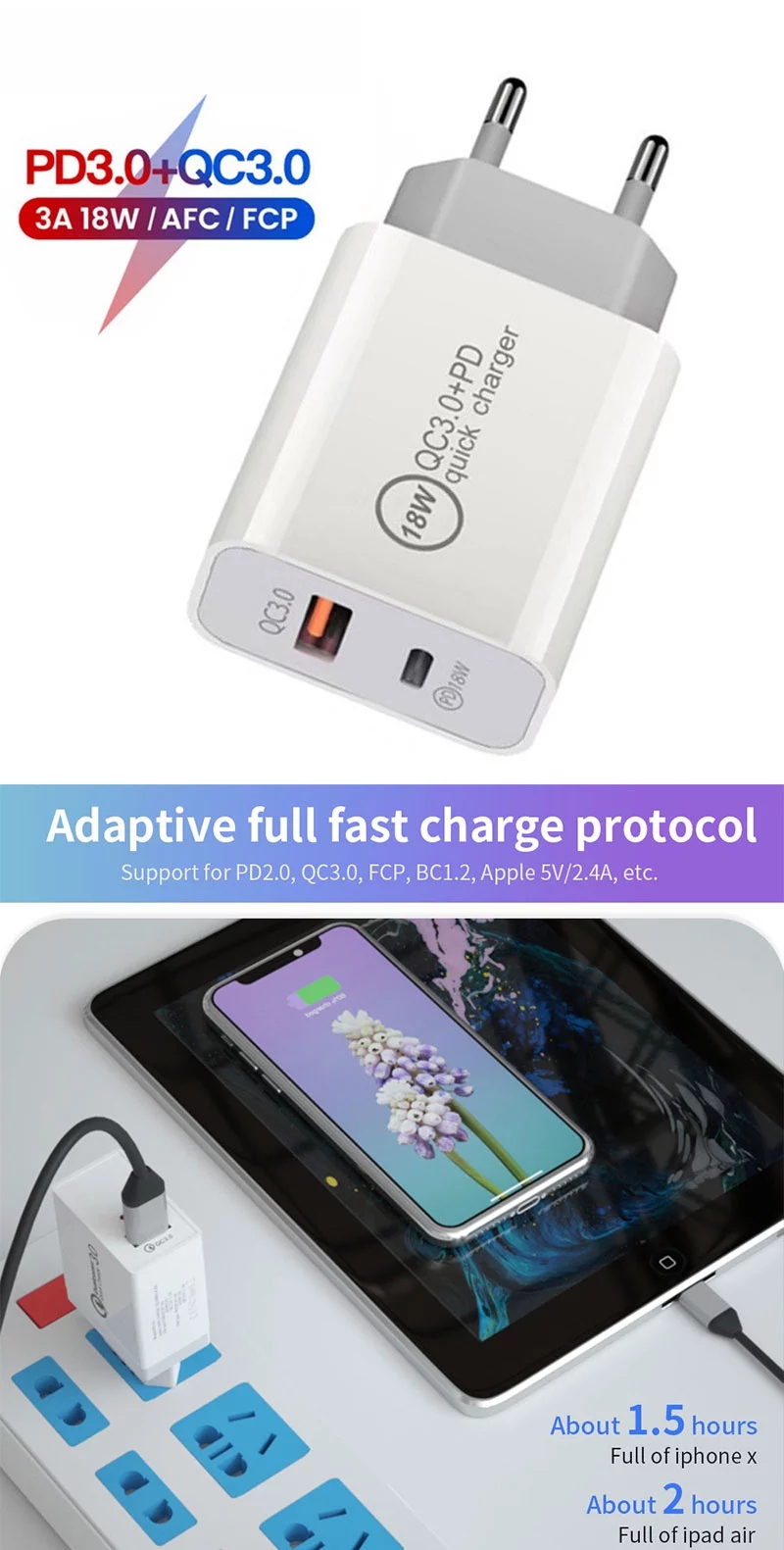 Qc3.0 + PD 18W Chargeur Rapide Chargeur Mural du Chargeur Rapide Pour Iphone Huawei Etc. - Bouchon AU