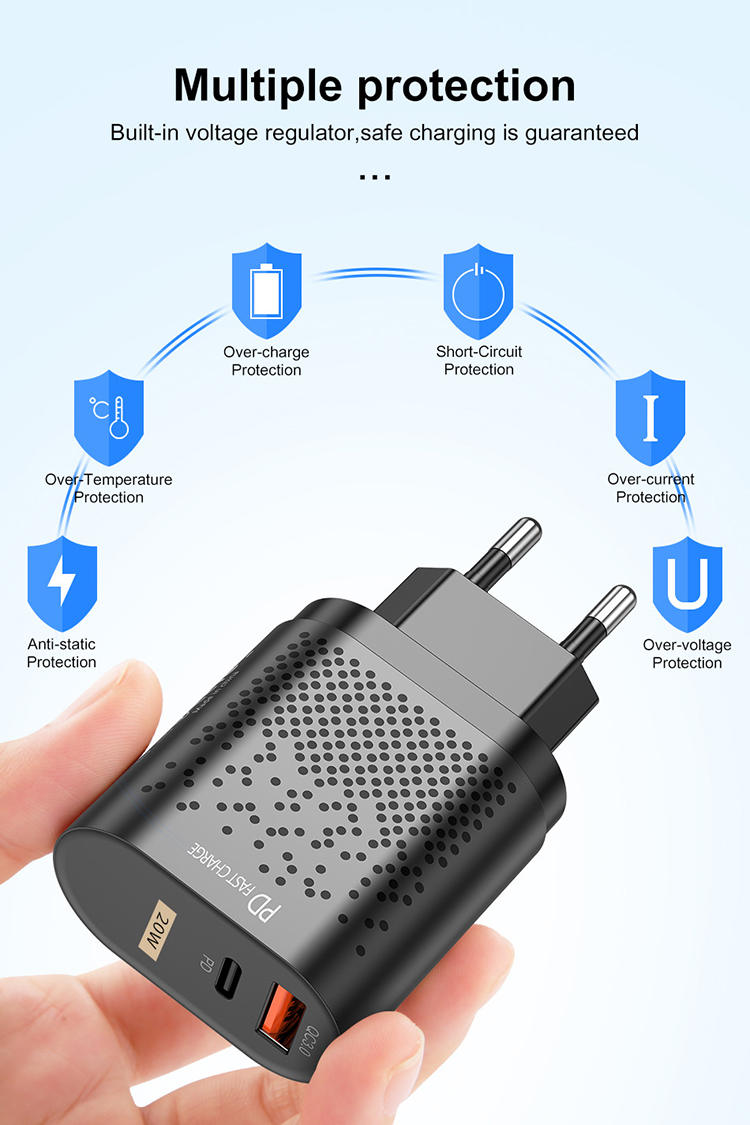 USLION QC 3.0 Carga Rápida PD USB-A+ Tipo-c Cargador de Pared de Doble Puerto - Enchufe de la ue