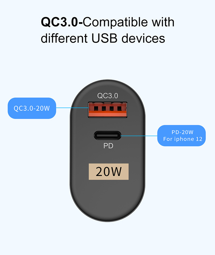 USLION QC 3.0 Charge de Charge Rapide PD Usb-a + Chargeur Mural à Double Port de Type-C - Bouchon ue