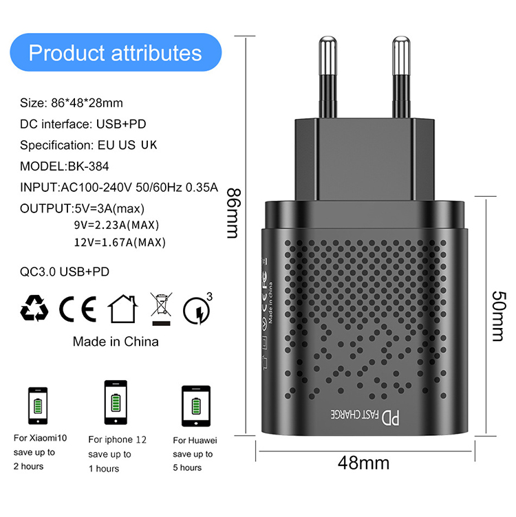 USLION QC 3.0 Charge de Charge Rapide PD Usb-a + Chargeur Mural à Double Port de Type-C - Bouchon ue