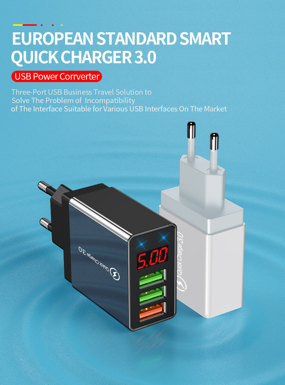 Elough 3 USB Port Wall Charger Universal 30W Digital Display Телефон Зарядное Устройство Adapter Power Power - Белый