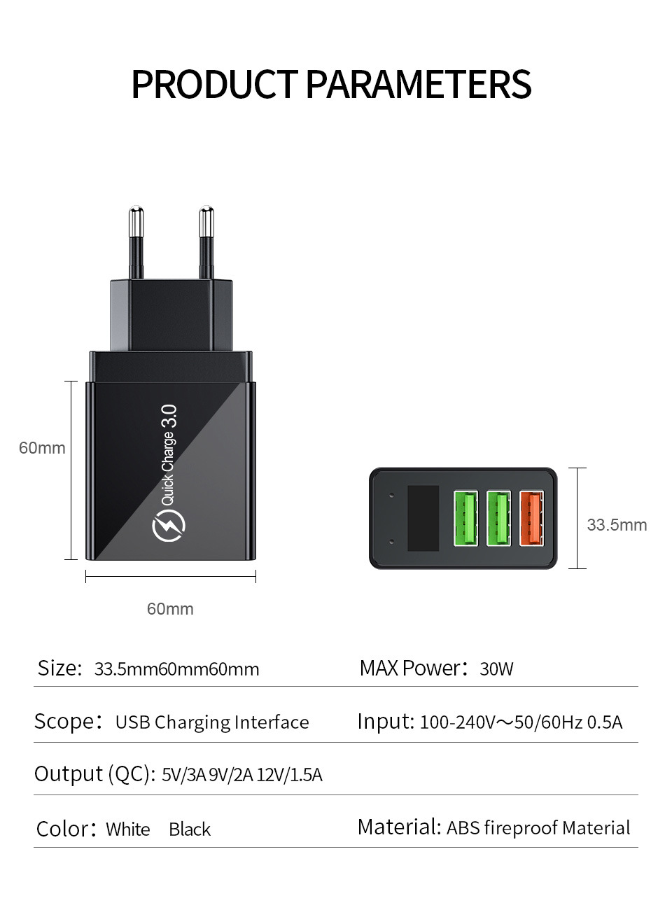 Elough 3 USB Port Wall Charger Universal 30W Digital Display Телефон Зарядное Устройство Adapter Power Power - Белый