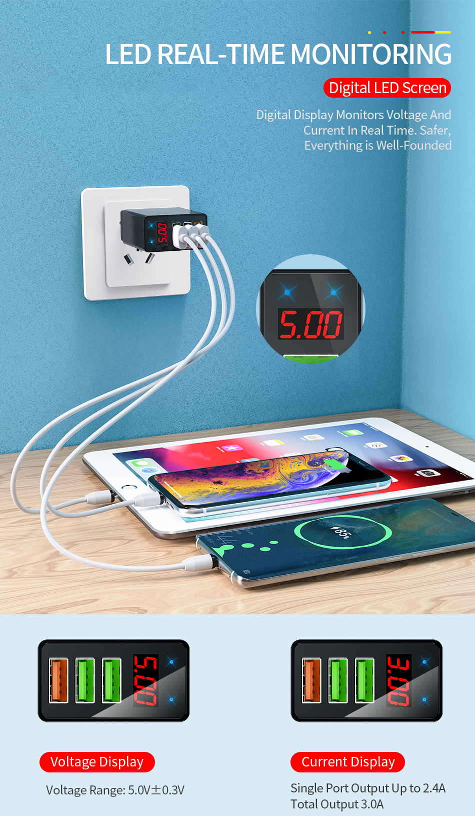 Elough 3 USB Port Wall Charger Universal 30W Digital Display Телефон Зарядное Устройство Adapter Power Power - Белый