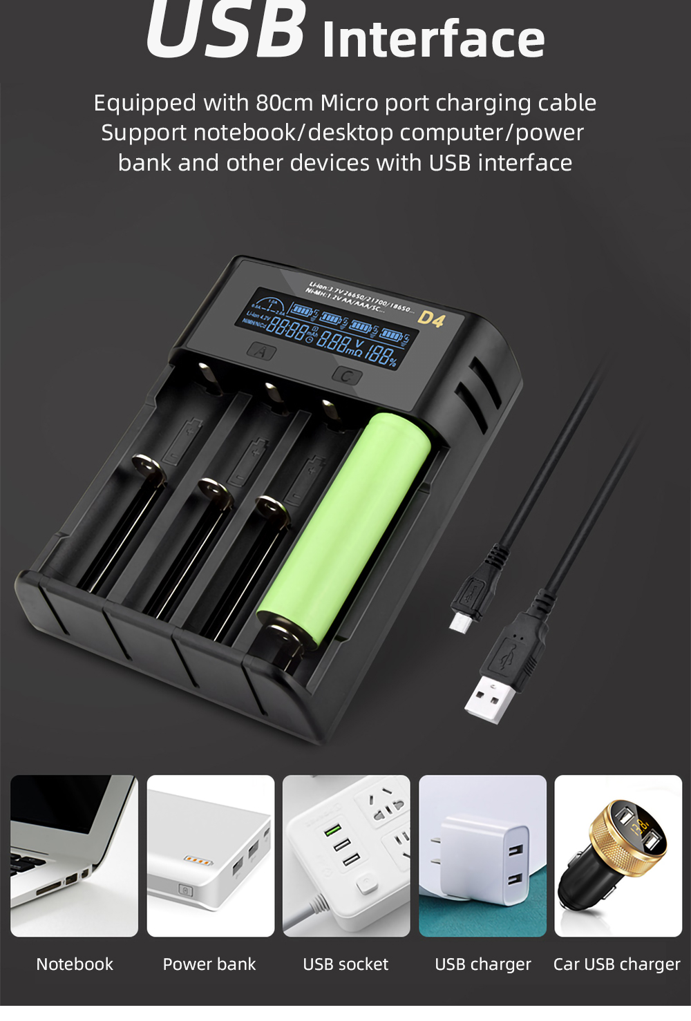 ESSAGER ECDQ-D401 Chargeur de Batterie à 4-Slot 18650 Charge de Batterie Rechargeable Universal Charge Pour AA AAA Lithium Li-ion Batteries