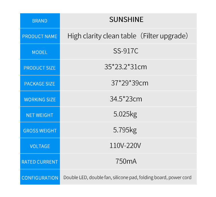 Sunshine SS-917C High Precision Dust Free Workbench Viento Ajustable Con Verificación de Polvo