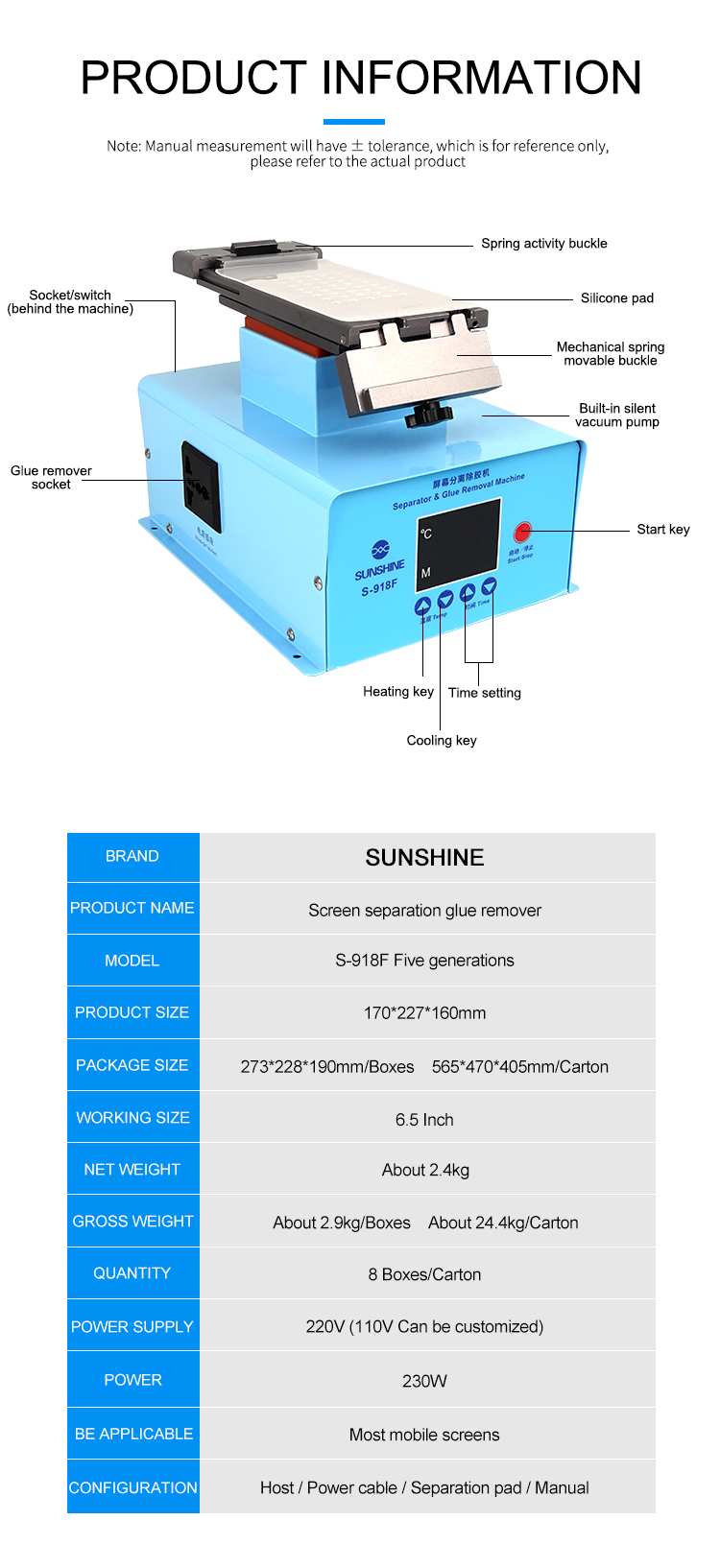 Sonnenschein S-918f Fünfte Generation 220V Lcd-bildschirmtrennung Kleber Remover 360 Rotierende Plattform-separator Magnetische Schnalle Lcd-reparaturmaschine