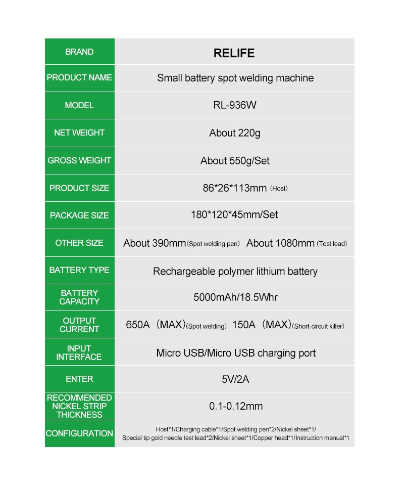 RELIFE RL-936W V3.0 Mini Portable Batteral-schweißmaschine Tragbares Spotschweißen Mit 8 Zahnrädern Einstellbar