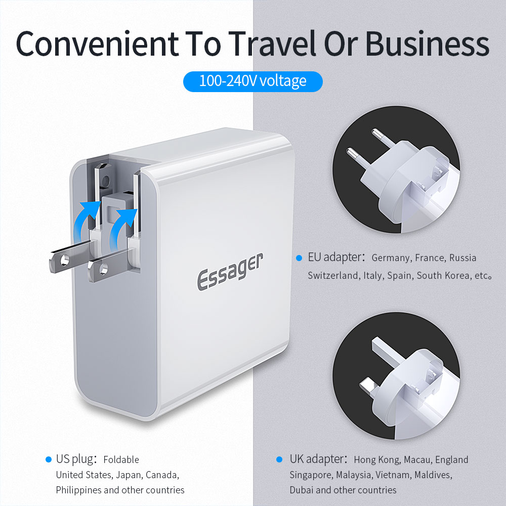 Essager 4 Ports Quick Charge (pd + Qc3.0 + Dual U2.4a) Charger Téléphonique Plug US Plug + EU et UK Adaptateurs