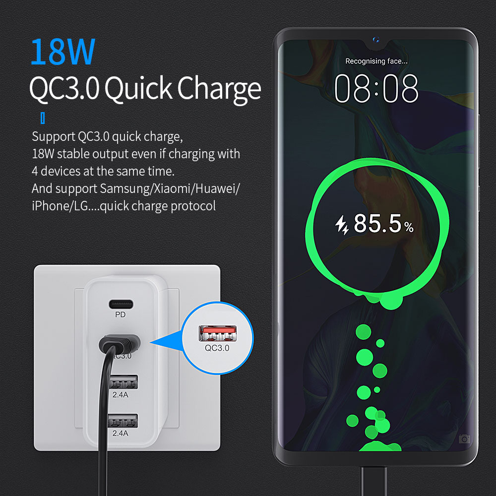 Essager 4 Ports Quick Charge (pd + Qc3.0 + Dual U2.4a) Charger Téléphonique Plug US Plug + EU et UK Adaptateurs