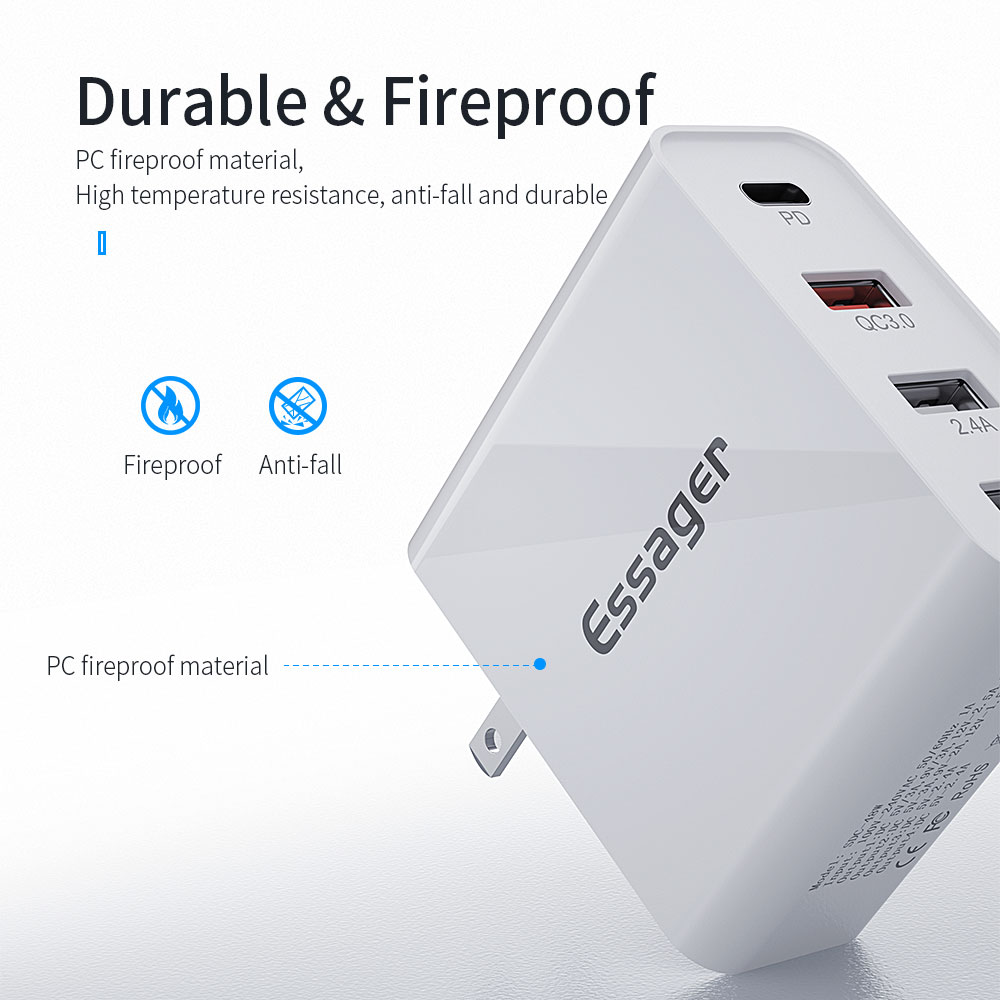 Essager 4 Ports Quick Charge (pd + Qc3.0 + Dual U2.4a) Charger Téléphonique Plug US Plug + EU et UK Adaptateurs