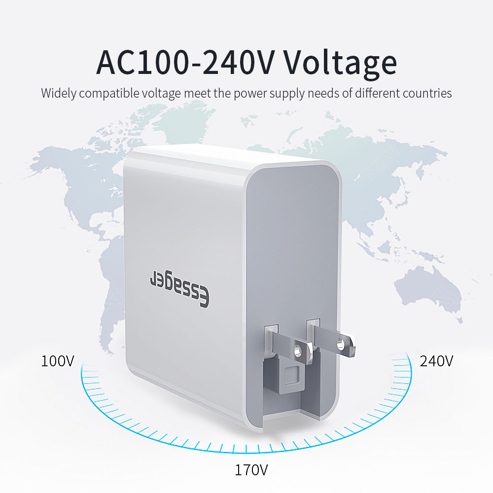 Essager 4 Ports Quick Charge (pd + Qc3.0 + Dual U2.4a) Charger Téléphonique Plug US Plug + EU et UK Adaptateurs