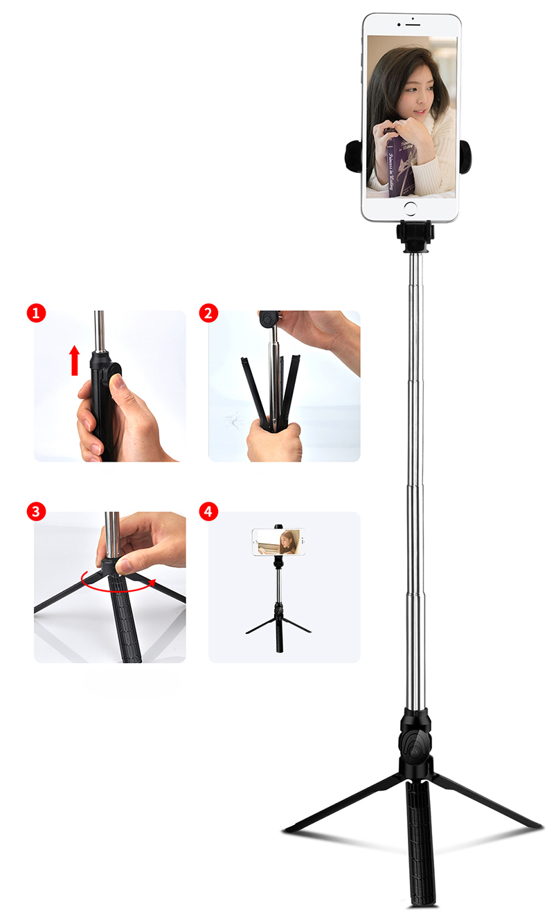 XT10 Selfie Stick Tripod Extendable Bluetooth Selfie Stick with Remote Control - Black