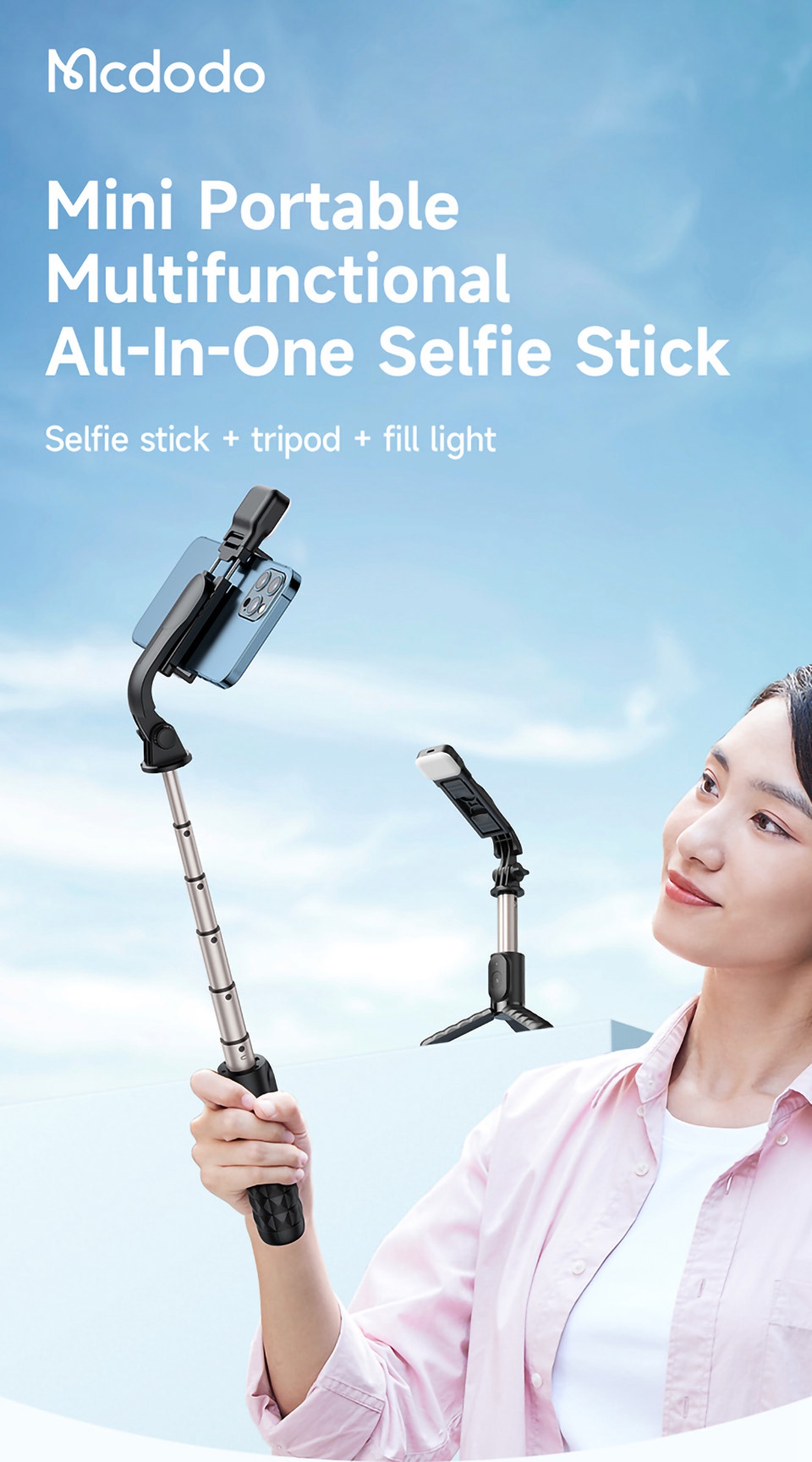 MCDODO MDD SS-1781 Aleación de Aluminio Varilla Extensible Selfie Stick Bluetooth Control Remoto Trípode Con Luz de Relleno Único - Negro