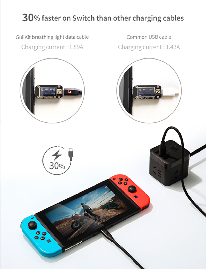 Gulikit NS10 Nintendo Switch Data Cable Data Cable USB Type-C Быстрая Зарядка Brating Light Data Cable, 0,2 М