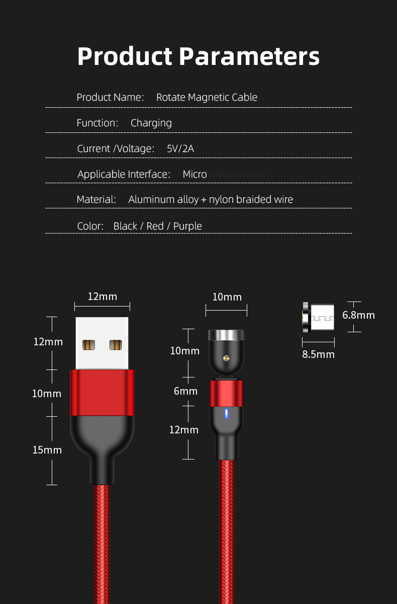 2m 2A USB a Micro USB Nylon Trançado Cabo de Carregamento Magnético Rotativo Com Incicador LED - Vermelho