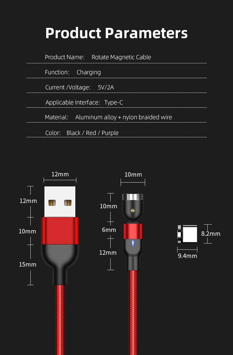 1m 2a USB zu USB-C / Typ-c-nylon Geflochtenes Rotierbares Biegemagnetladungskabel - Rot