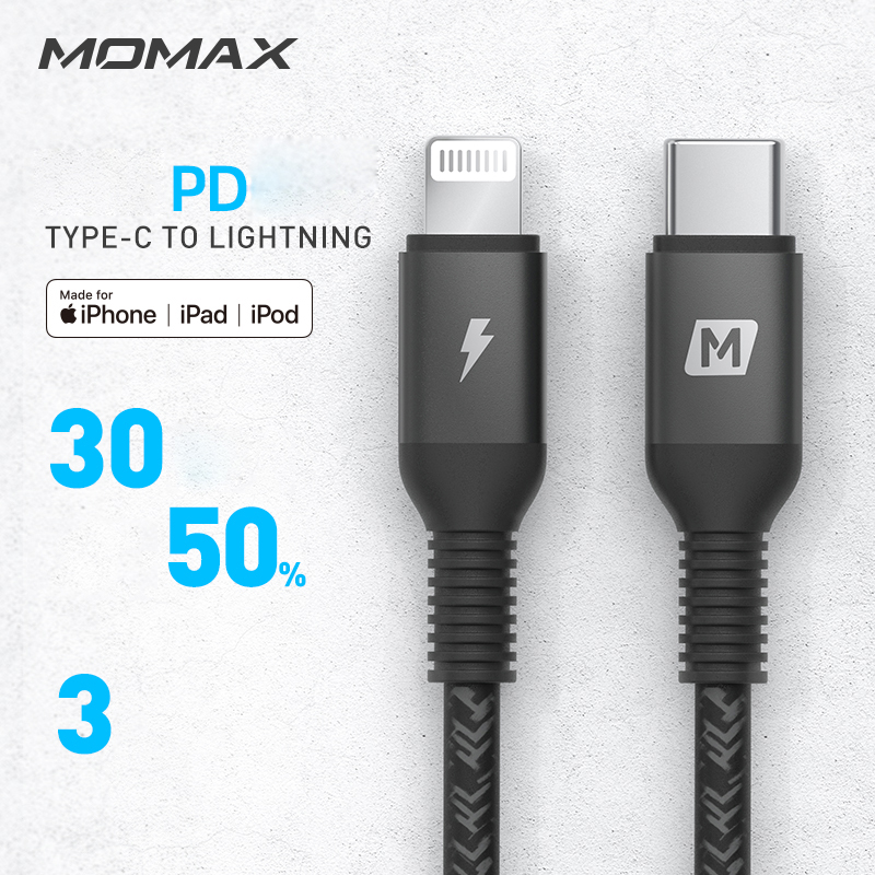 MOMAX 3m Type-C a Mfi Certificado Cable Cable de Datos de 8pin Entrega de Alimentación PD Cable de Cargador Rápido - Negro